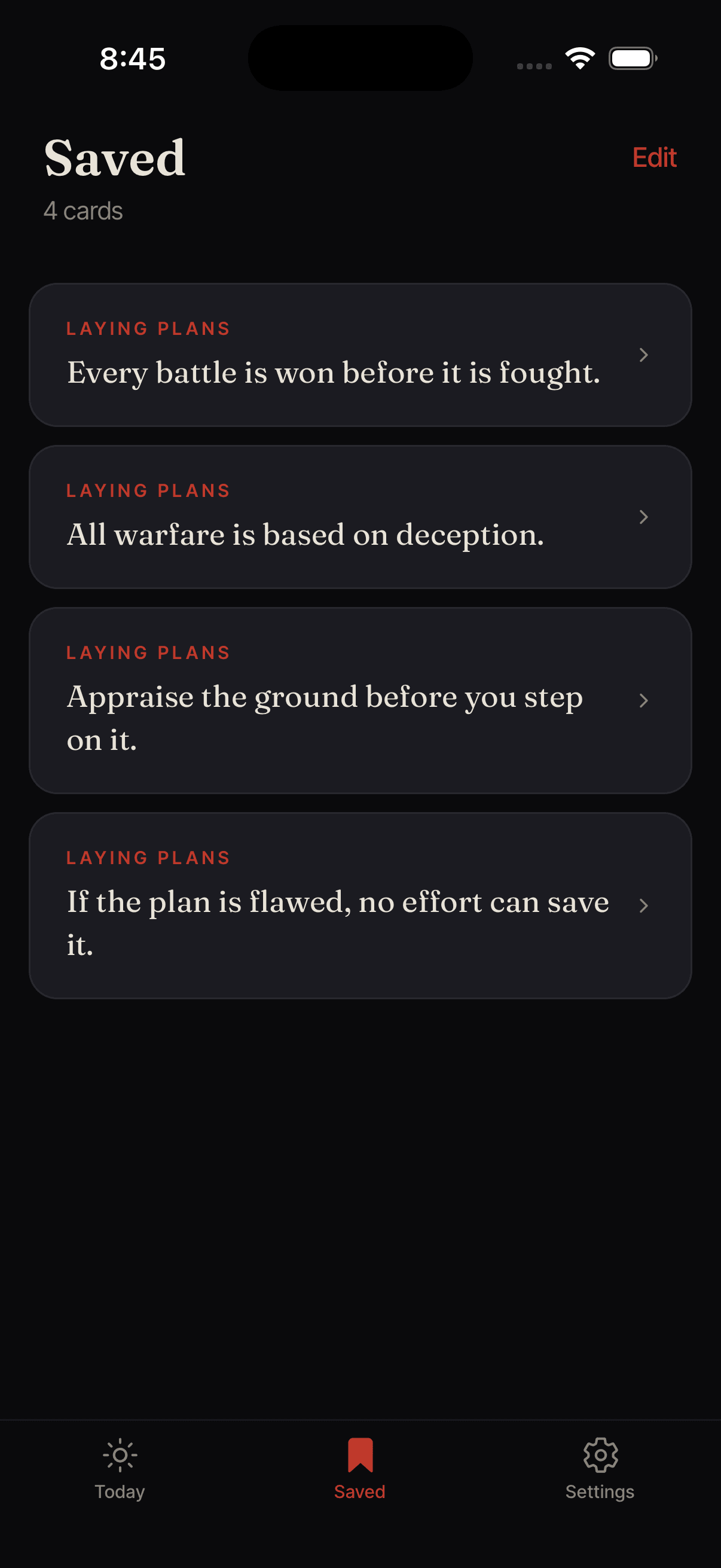 Saved cards — keep the ideas worth returning to.